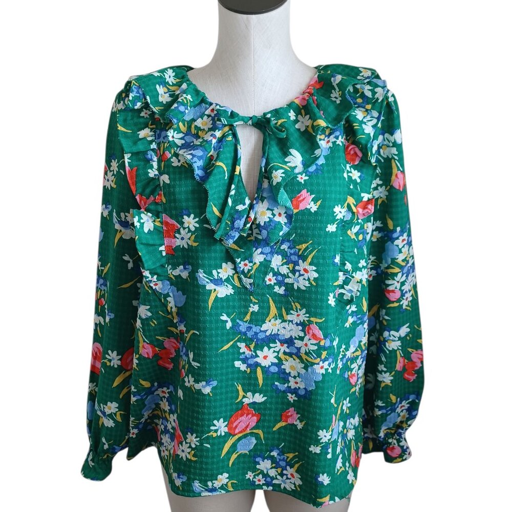 Loft Blouse Green Floral Bouquet Ruffle Tie Neck Peasant Top Womens Medium